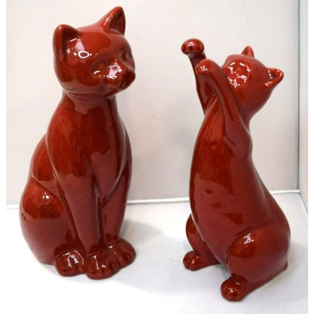 Mid Century Modern MCM‎ Brick Red Ceramic Cats Mom 10 inch and Kitten 8 Inch